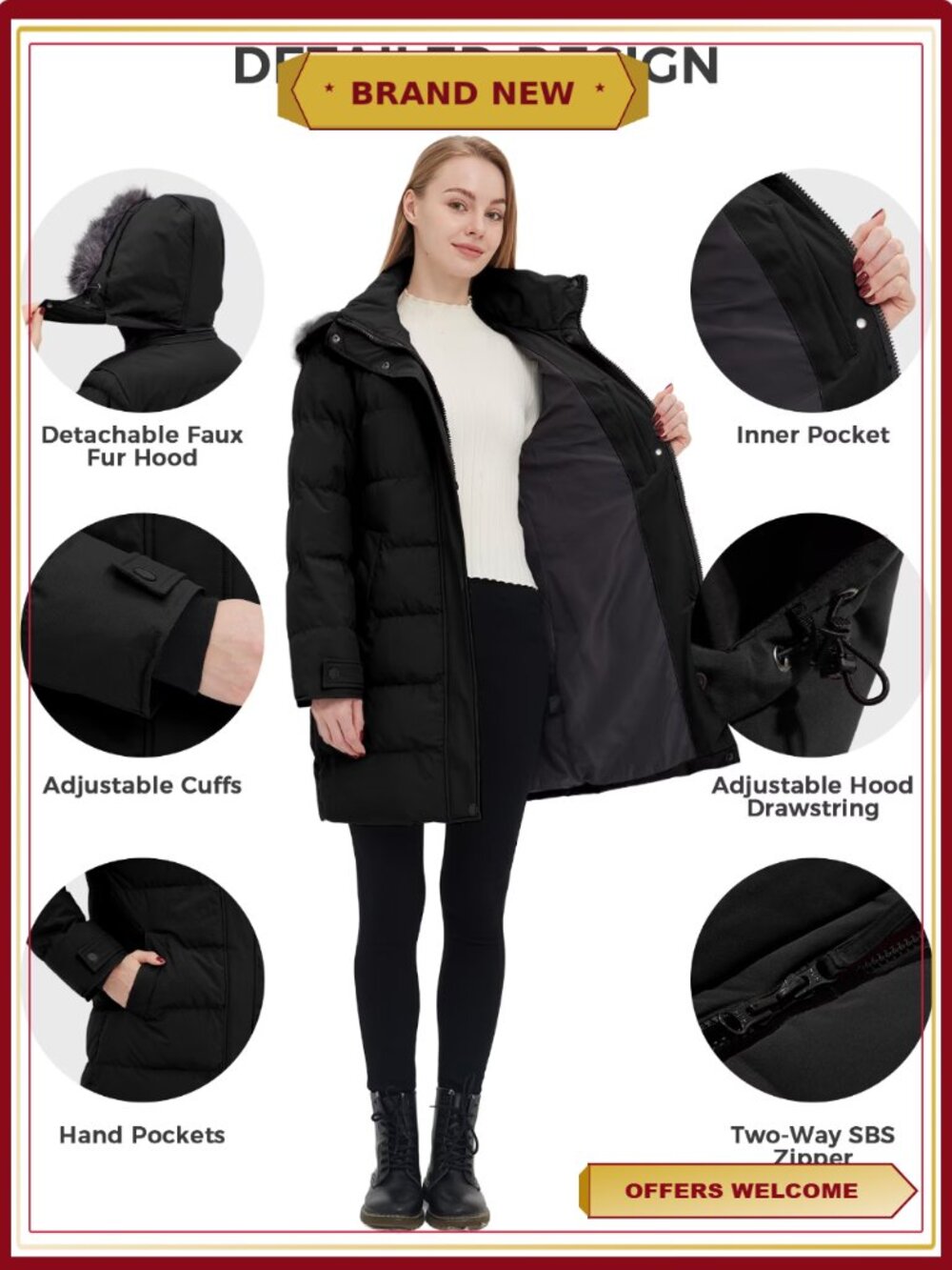Recycled Quilted Winter Parka Coat Hooded Windproof Warm Insulated - Picture 6 of 8